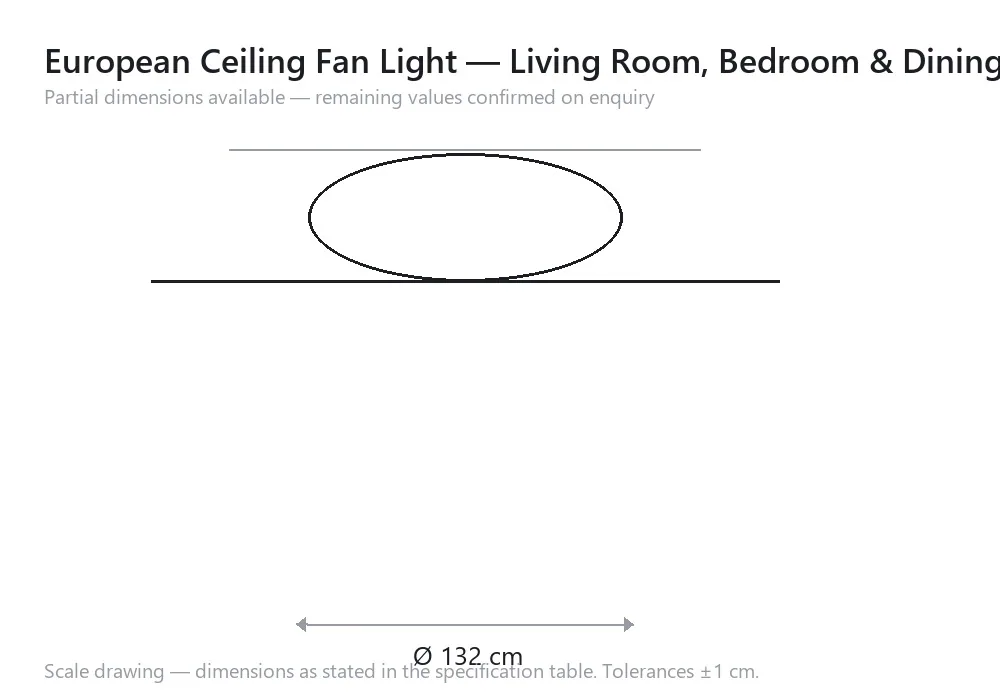 European Ceiling Fan Light — Living Room, Bedroom & Dining Room — scale drawing, Ø 132 cm