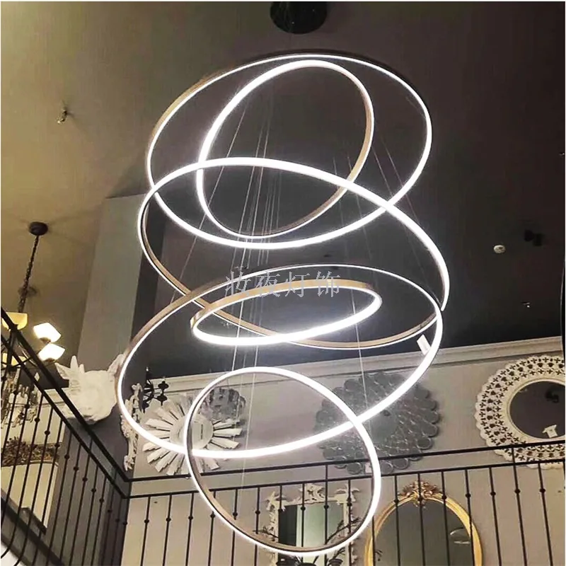 Modern Stainless Steel Ring Chandelier — Duplex, Villa & Living Room — view 3
