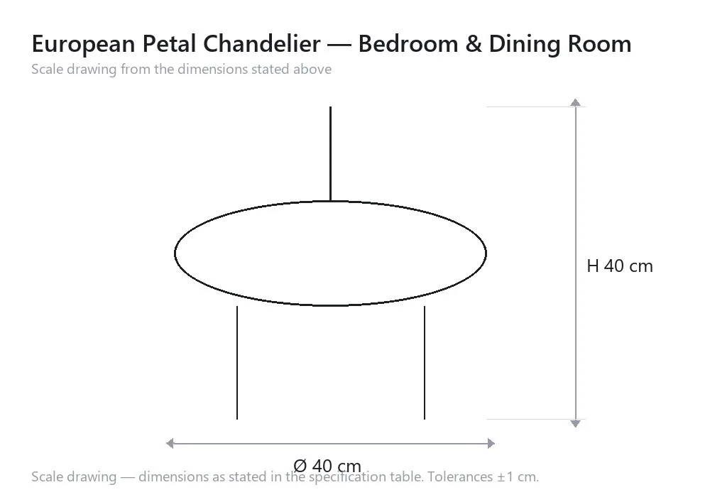 European Petal Chandelier — Bedroom & Dining Room — scale drawing, Ø 40 cm × H 40 cm