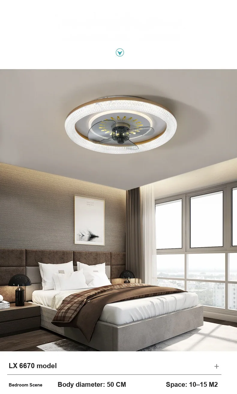 Modern Minimalist Crystal Round Ceiling Fan Light — Living Room — view 5