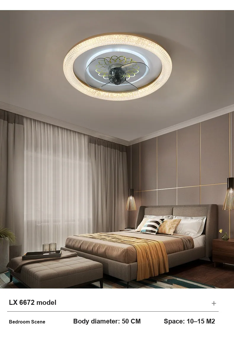 Modern Minimalist Crystal Round Ceiling Fan Light — Living Room — view 7