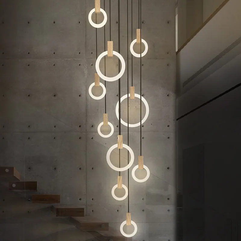 Modern Minimalist Solid Wood Ring Chandelier — Duplex, Stairwell & Villa — view 2