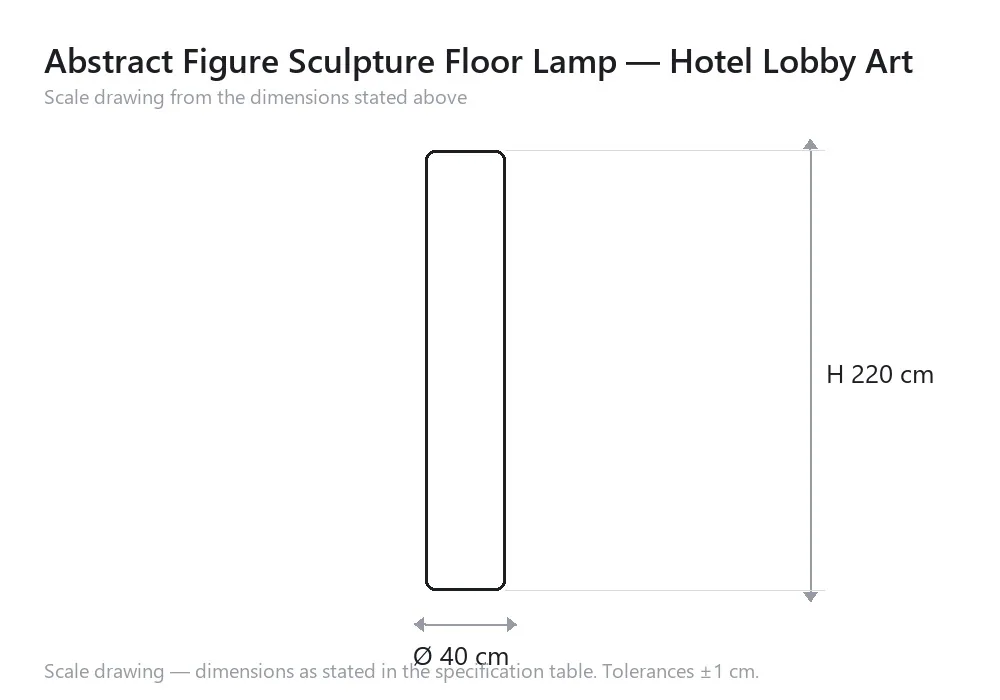 Abstract Figure Sculpture Floor Lamp — Hotel Lobby Art — scale drawing, Ø 40 cm × H 220 cm