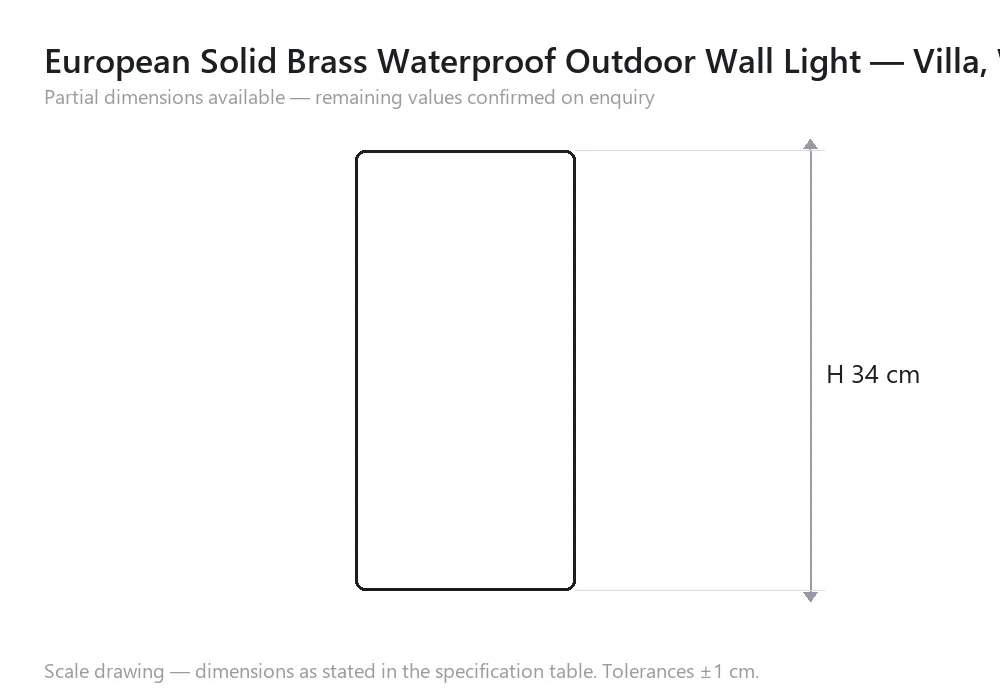 European Solid Brass Waterproof Outdoor Wall Light — Villa, Walkway & Corridor — scale drawing, H 34 cm