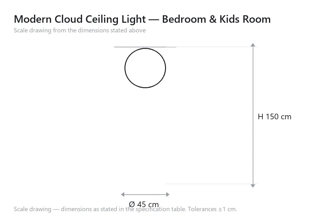 Modern Cloud Ceiling Light — Bedroom & Kids Room — scale drawing, Ø 45 cm × H 150 cm