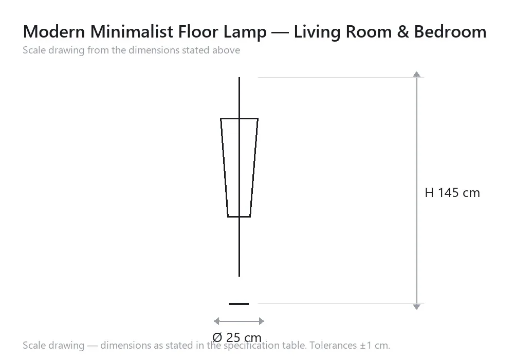 Modern Minimalist Floor Lamp — Living Room & Bedroom — scale drawing, Ø 25 cm × H 145 cm