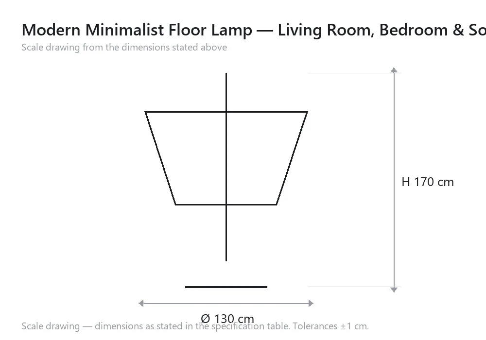 Modern Minimalist Floor Lamp — Living Room, Bedroom & Sofa — scale drawing, Ø 130 cm × H 170 cm