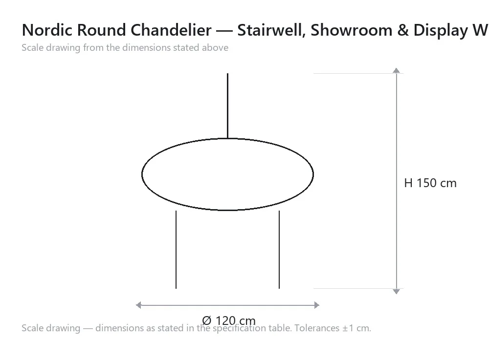 Nordic Round Chandelier — Stairwell, Showroom & Display Window — scale drawing, Ø 120 cm × H 150 cm