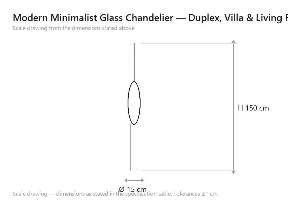 Modern Minimalist Glass Chandelier — Duplex, Villa & Living Room — scale drawing, Ø 15 cm × H 150 cm