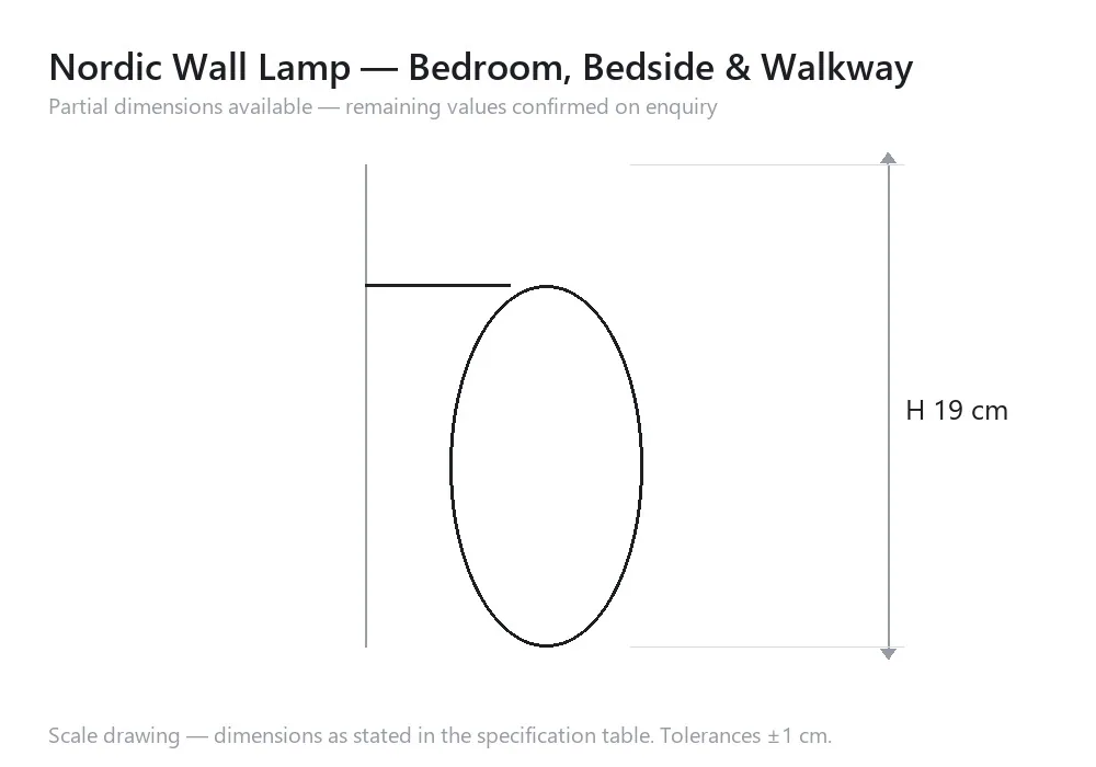 Nordic Wall Lamp — Bedroom, Bedside & Walkway — scale drawing, H 19 cm