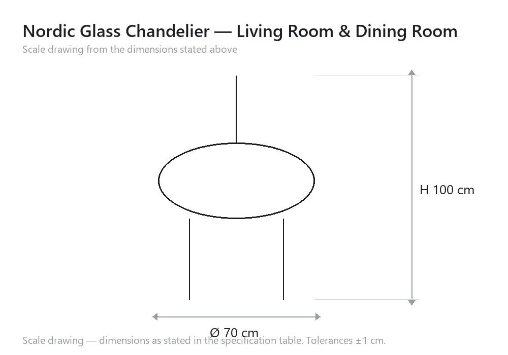 Nordic Glass Chandelier — Living Room & Dining Room — scale drawing, Ø 70 cm × H 100 cm
