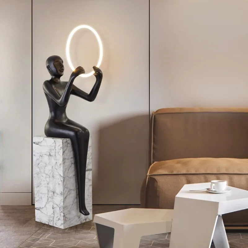 Minimal Abstract Figure Sculpture Floor Lamp — Hotel Corridor — view 1
