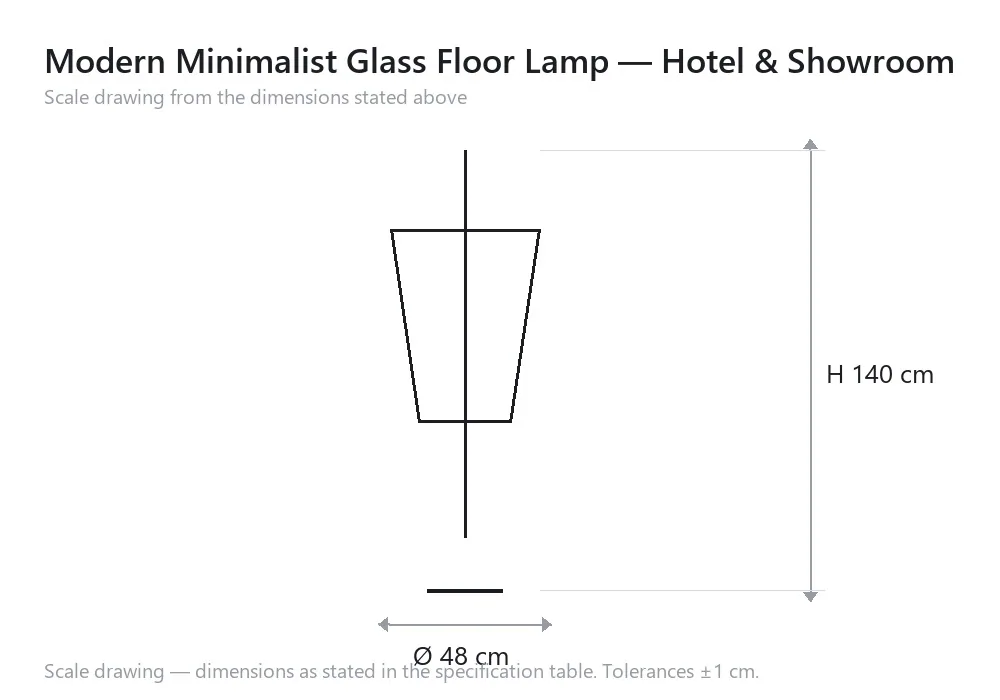Modern Minimalist Glass Floor Lamp — Hotel & Showroom — scale drawing, Ø 48 cm × H 140 cm