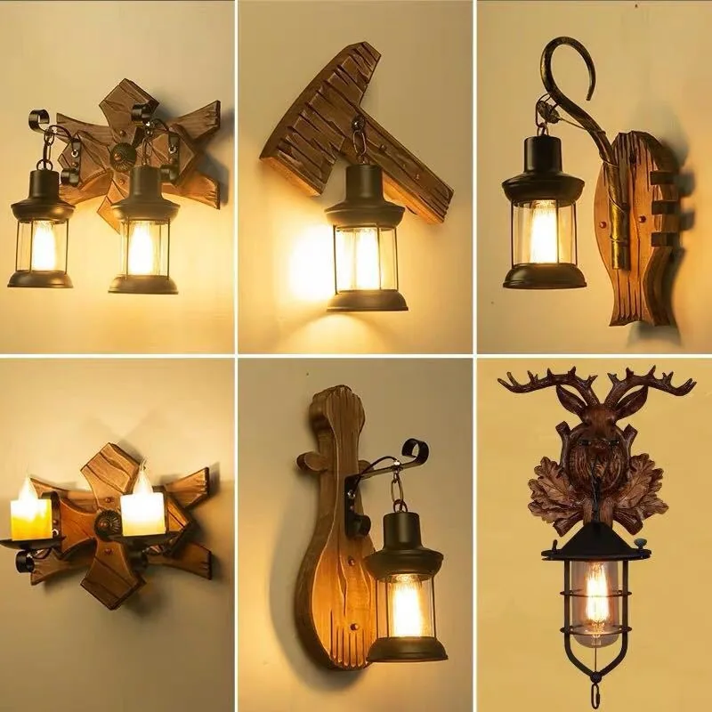 Antique Wood Wall Lamp — Dining Room, Walkway & Indoor — view 2