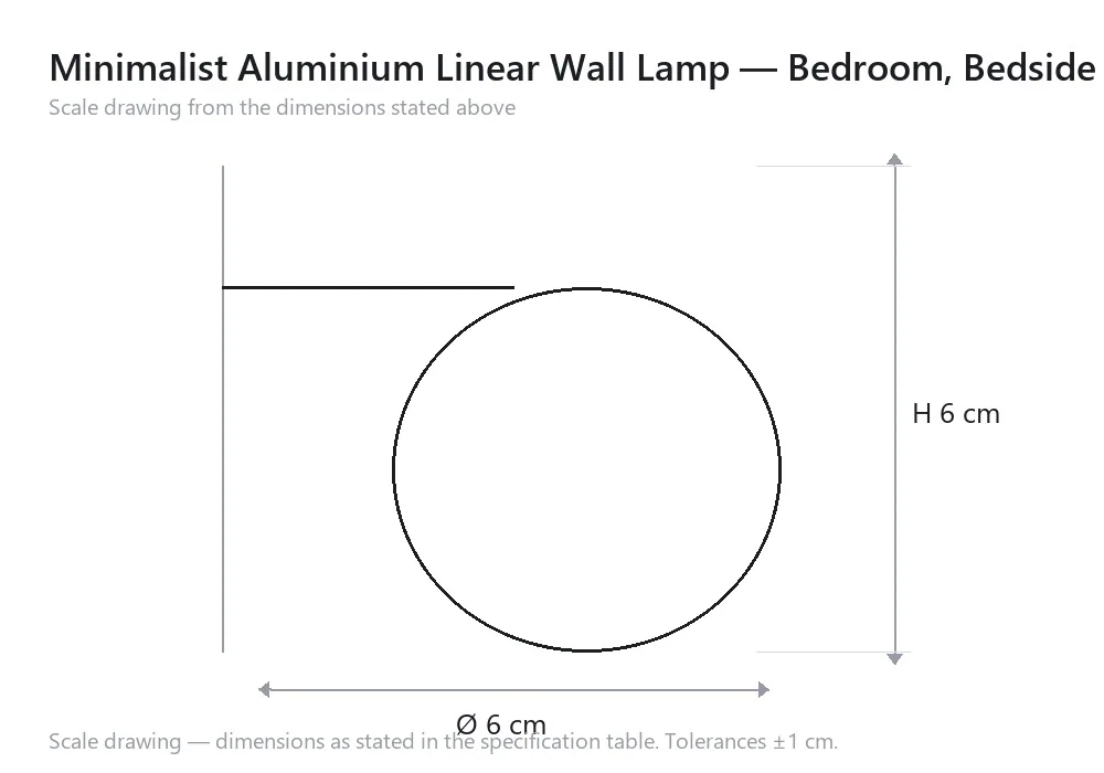 Minimalist Aluminium Linear Wall Lamp — Bedroom, Bedside & Corridor — scale drawing, Ø 6 cm × H 6 cm