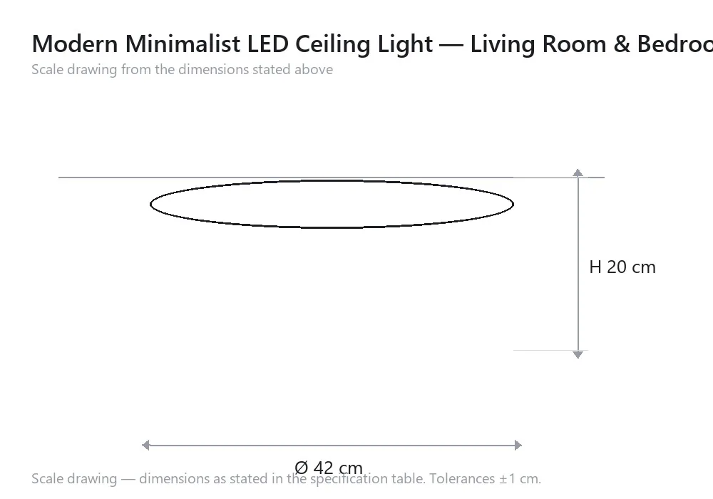 Modern Minimalist LED Ceiling Light — Living Room & Bedroom — scale drawing, Ø 42 cm × H 20 cm