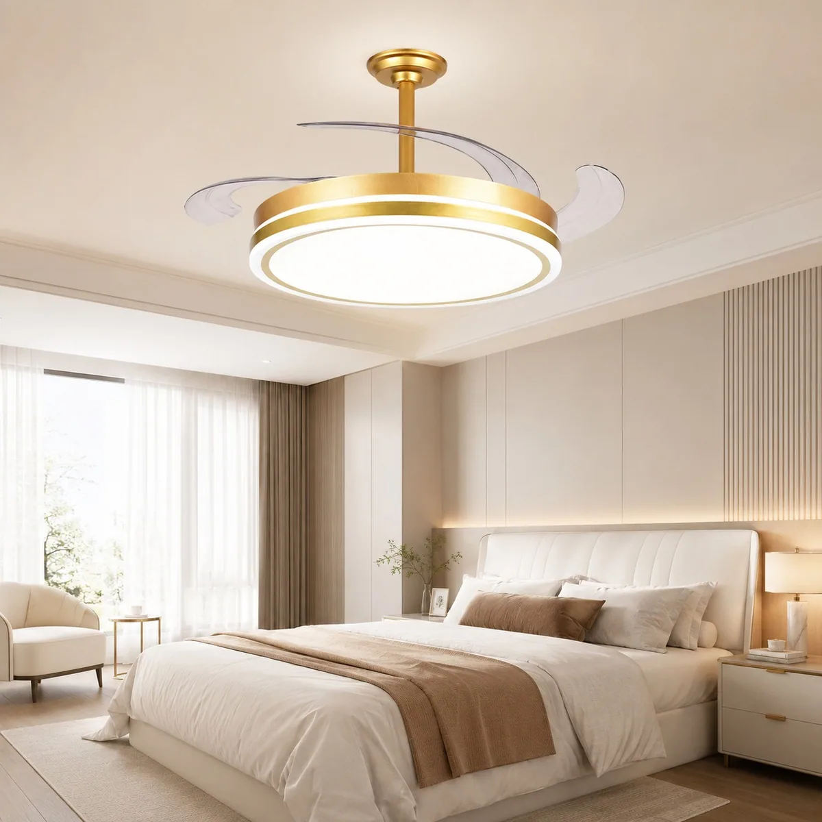 Modern Minimalist Smart Retractable Fan Ceiling Fan Light — Living Room, Bedroom & Dining Room — view 1