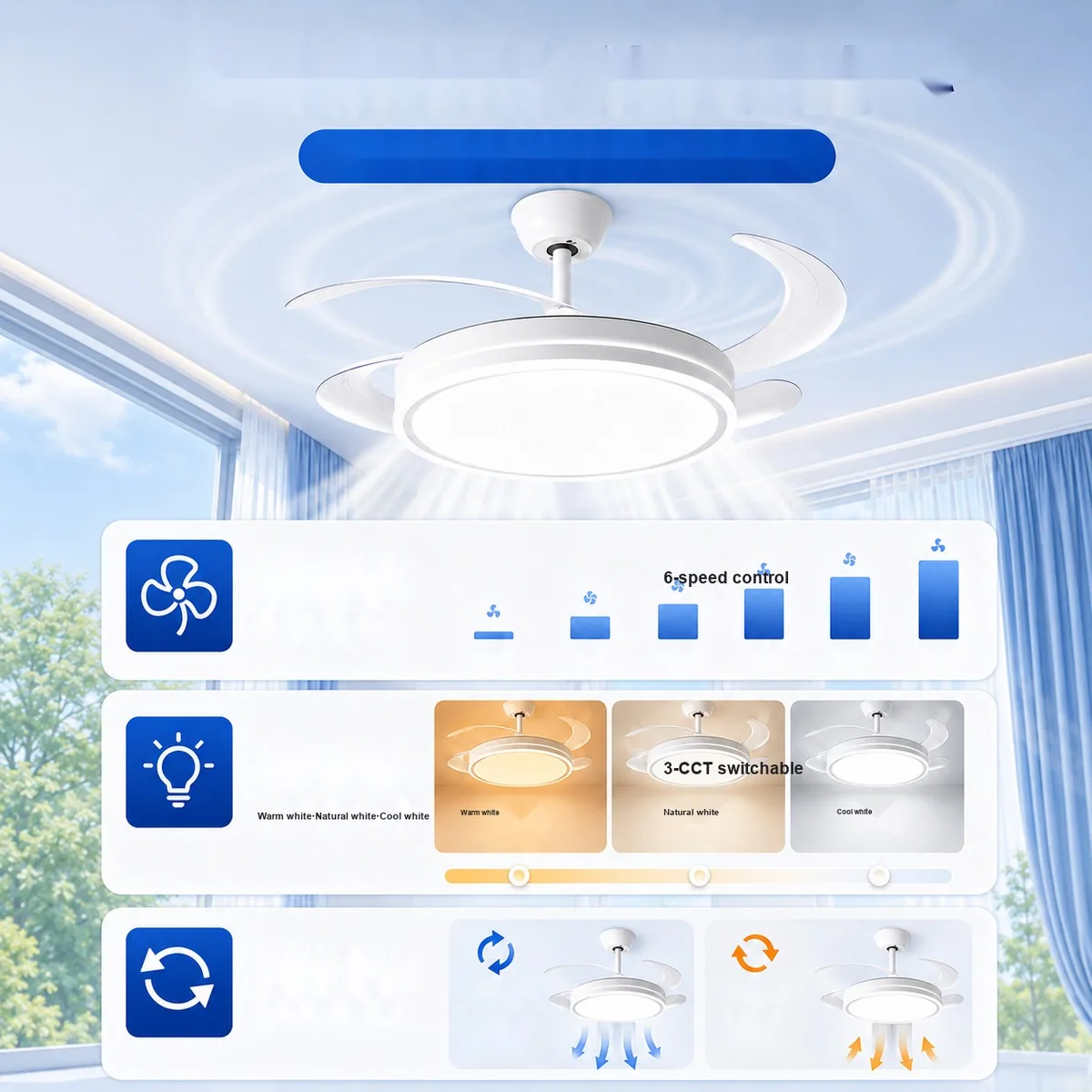 Modern Retractable Fan Ceiling Fan Light — Living Room, Bedroom & Dining Room (Model SJ-1107) — view 3