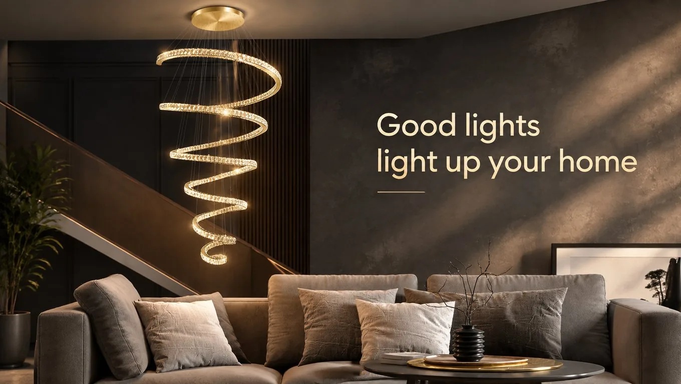 Room scene (computer render): a long crystal spiral chandelier descending through a dark stairwell