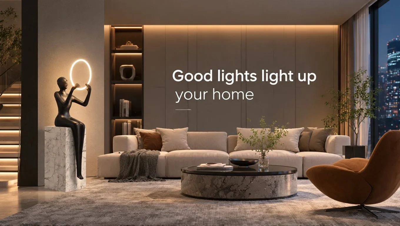Room scene (computer render): a black figure sculpture beside a large illuminated ring lamp in a living room